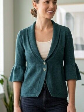 Anthropologie Charlie & Robin Green Cardigan Sweater Bell Sleeves Bird Buttons M